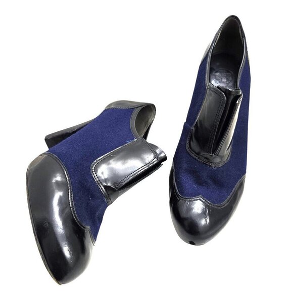 Tory Burch Ankle Wingtip Bootie Heels Navy Blue and Black - Picture 3 of 15